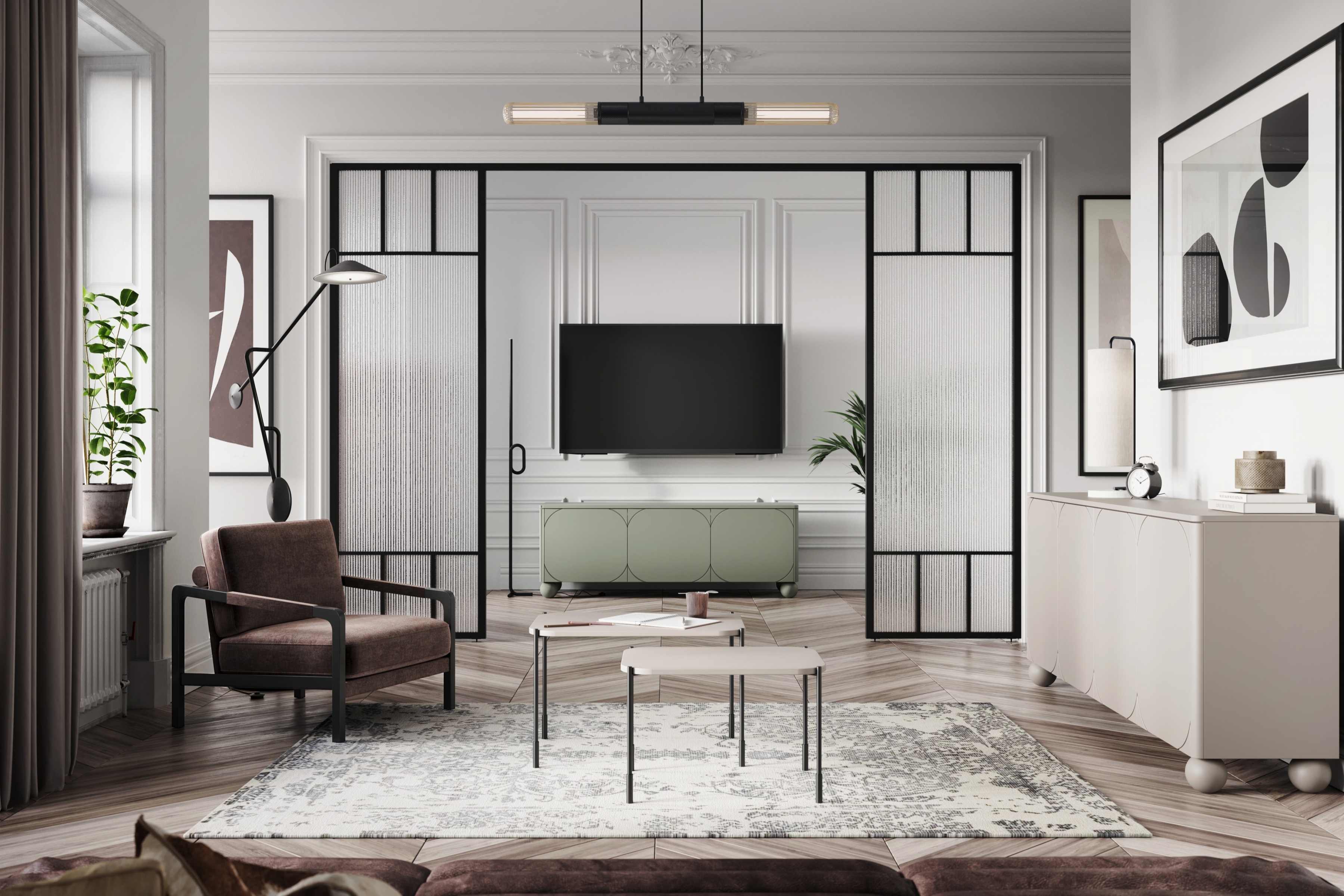 Sonatia II háromajtós TV szekrény, gömb lábakon - 150 cm - oliva színű szafka rtv a nappaliba