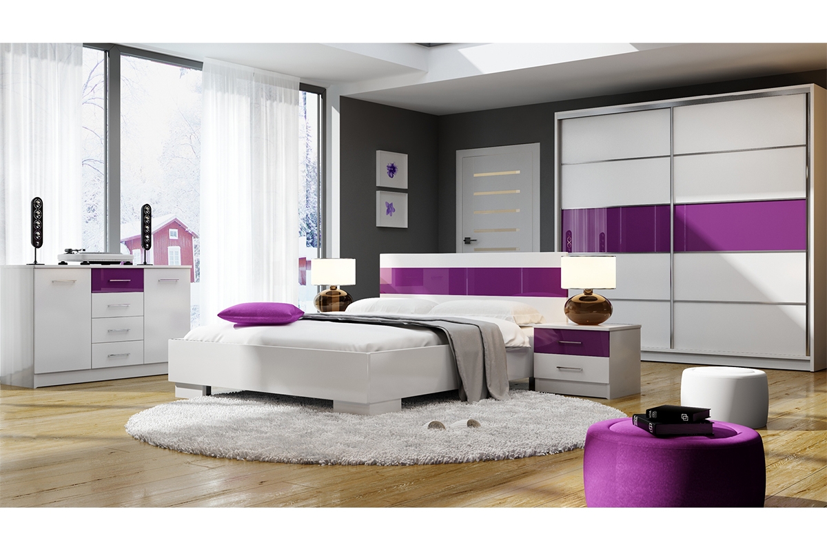 Postel Dubaj Bílá/fialové sklo  postel do ložnice 160 x 200 Dubaj - Bílý / Sklo jagodowe - aranzacja