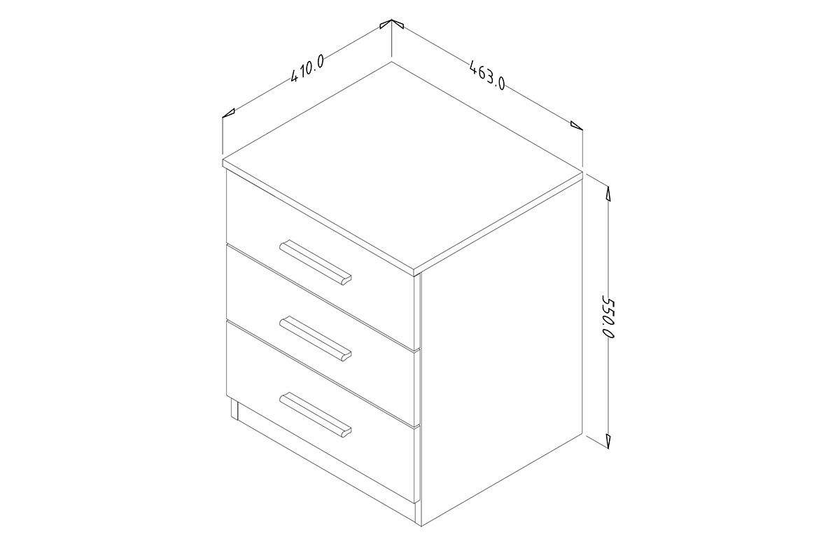 Noční stolek Beta 22 s zásuvkami 46 cm - Bílý Noční stolek se třemi  zásuvkami Beta 22 - Bílý - Rozměry