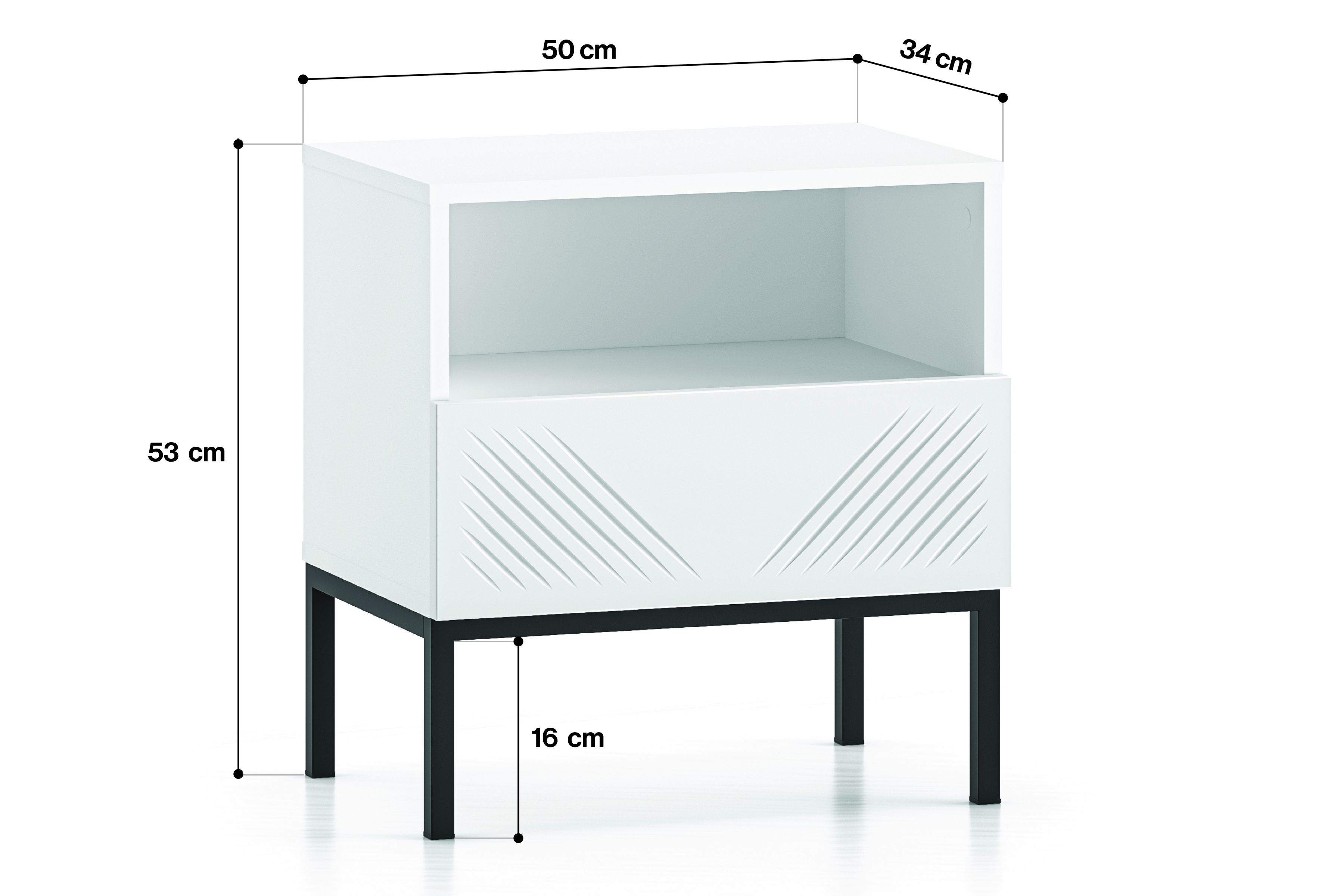 Noční stolek Pingli 05 z szuflada 50 cm - Bílý mat / Černý Rošt Noční stolek Pingli 05 z szuflada 50 cm - Bílý mat / Černý Rošt