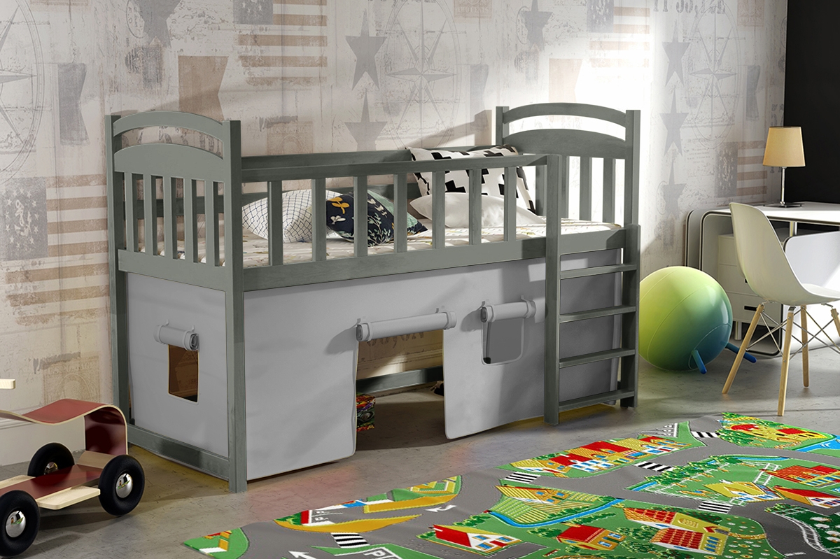 Dětská vyvýšená postel Felixio ZP 003 - certifikát šedá vyvýšená postel z domkiem pod spodem 