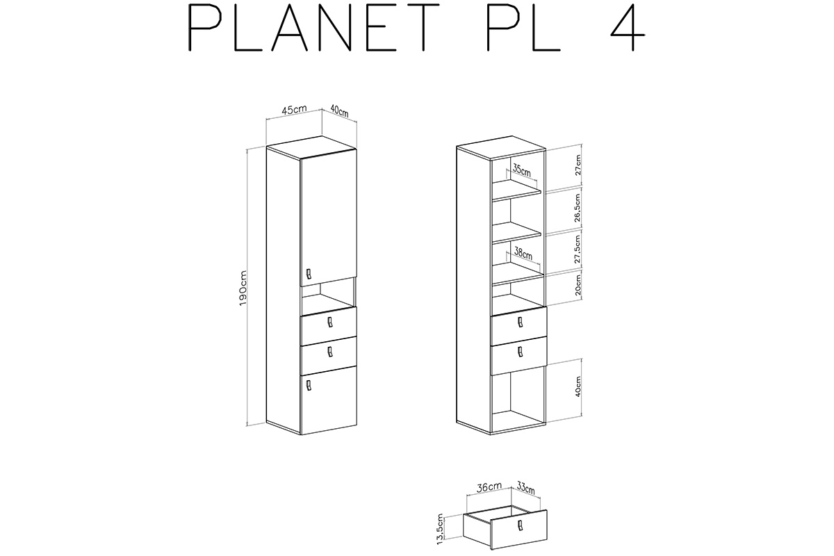 Regál dvojdverový so zásuvkami a výklenkom Planet 4 L/P - Biely lux / Dub / Morský Regál dvojdverový so zásuvkami a výklenkom Planet 4 L/P - Biely lux / Dub / Morský - schemat