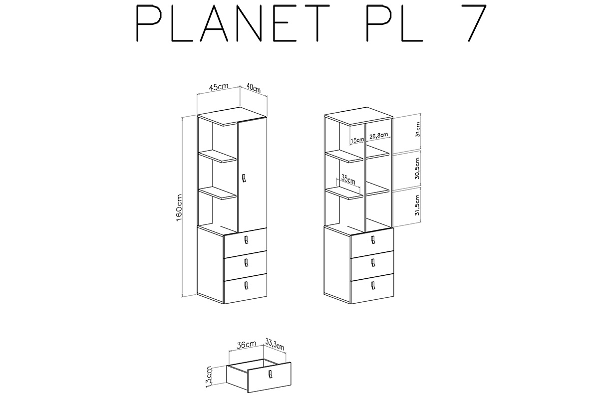 Regál jednodverový s tromi zásuvkami Planet 7 - Biely lux / Dub / Morský Regál jednodverový s tromi zásuvkami Planet 7 - Biely lux / Dub / Morský - schemat
