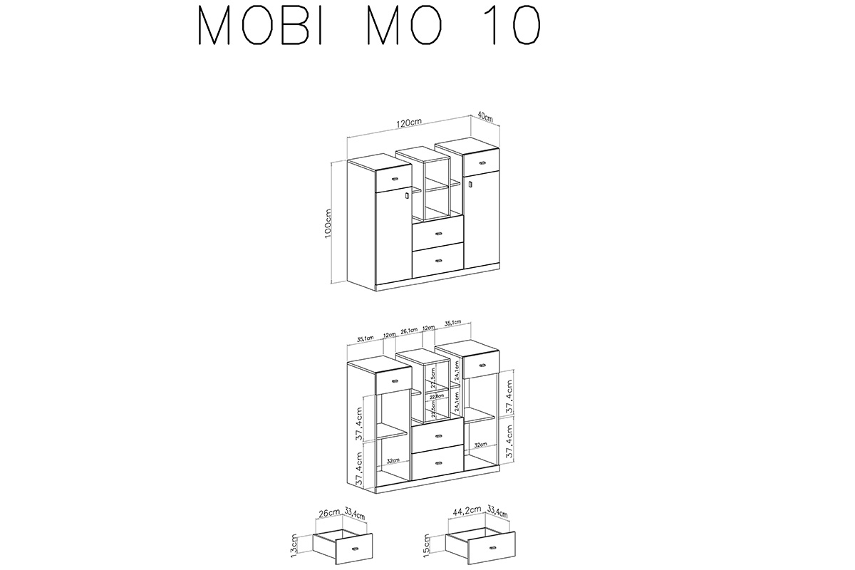 Komoda dvojdverová so štyrmi zásuvkami a výklenkami Mobi MO10 - Biely / zlaté schemat Komody mo10