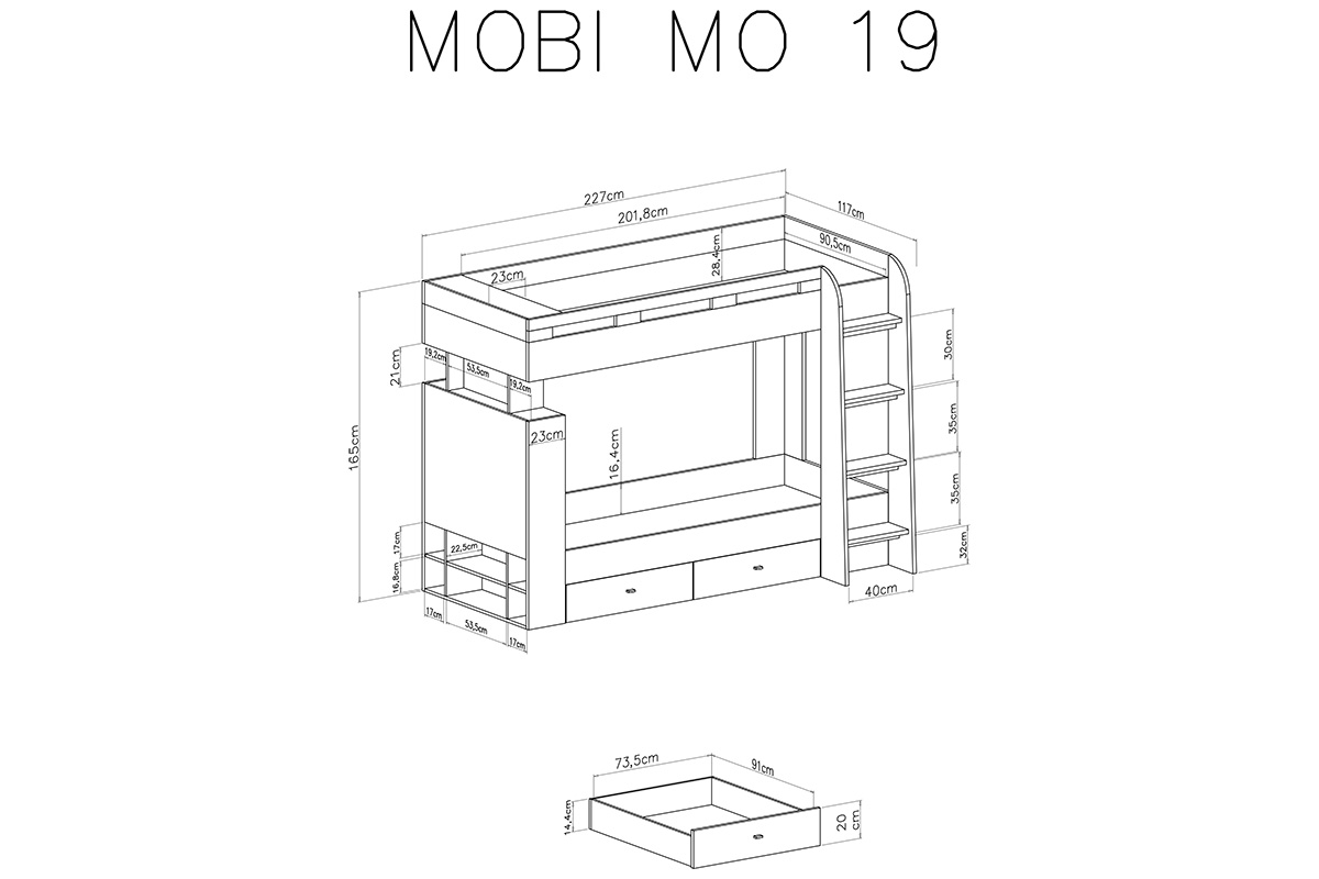 Mobi MO19 emeletes ágy 90x200 cm - Fehér / sárga postel patrová  90x200 Mobi MO19 - Bílý / žlutý - Rozměry