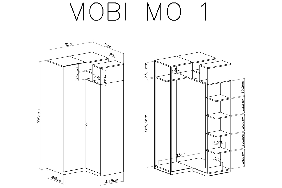 Skříň rohová Mobi MO1 - Alb / žlutý Skříň rohová Mobi MO1 - Alb / žlutý - Rozměry