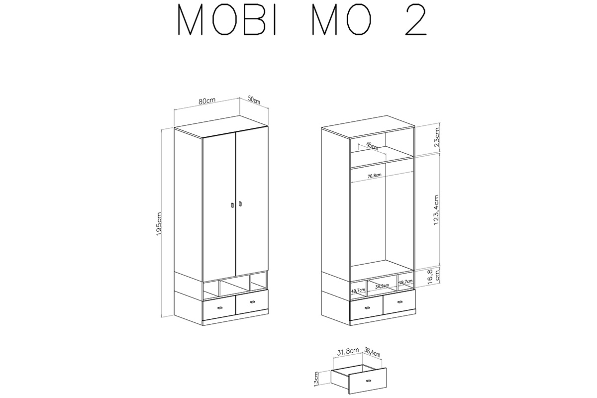 Skříň dvoudveřová se třemi  výklenky a dvěma zásuvkami Mobi MO2 - Alb / žlutý vnitřek skříně mobi 2