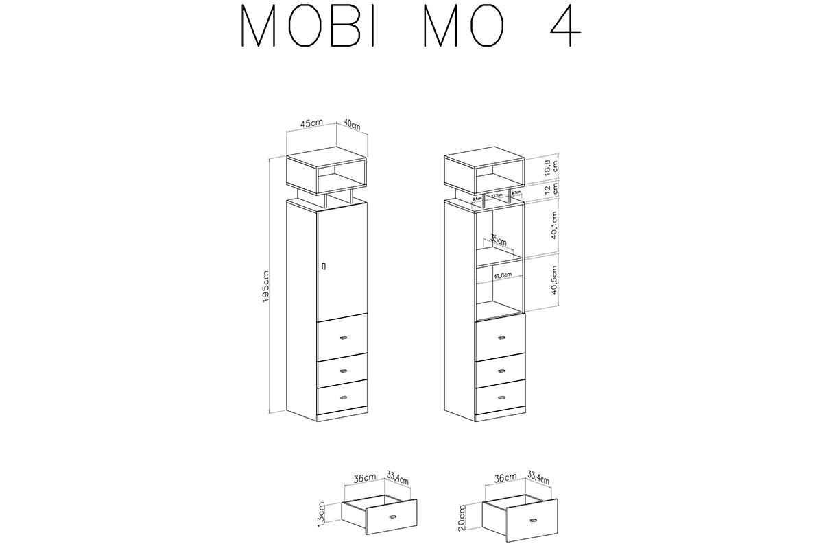 Regál jednodveřový se třemi  zásuvkami Mobi MO4 L/P - Alb / žlutý wnetrze mobi mo4