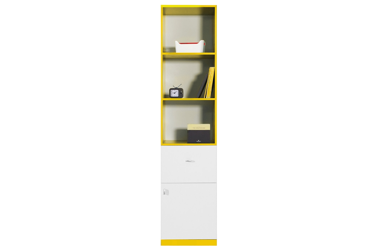 Mobi MO5 egyajtós szekrény három polccal és fiókkal B/J - Fehér / sárga Regál mo5