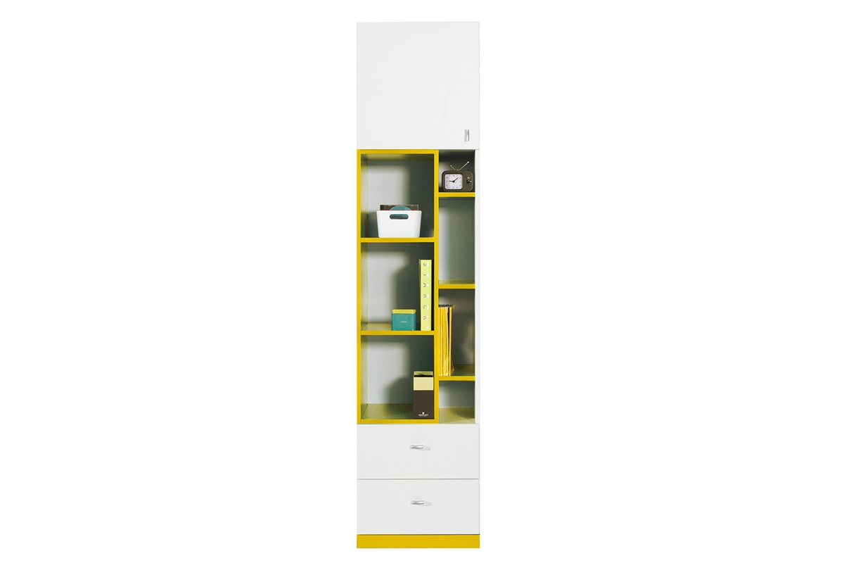 Mobi MO6 egyajtós szekrény három polccal és két fiókkal B/J - Fehér / sárga Regál mobi 6 žlutý