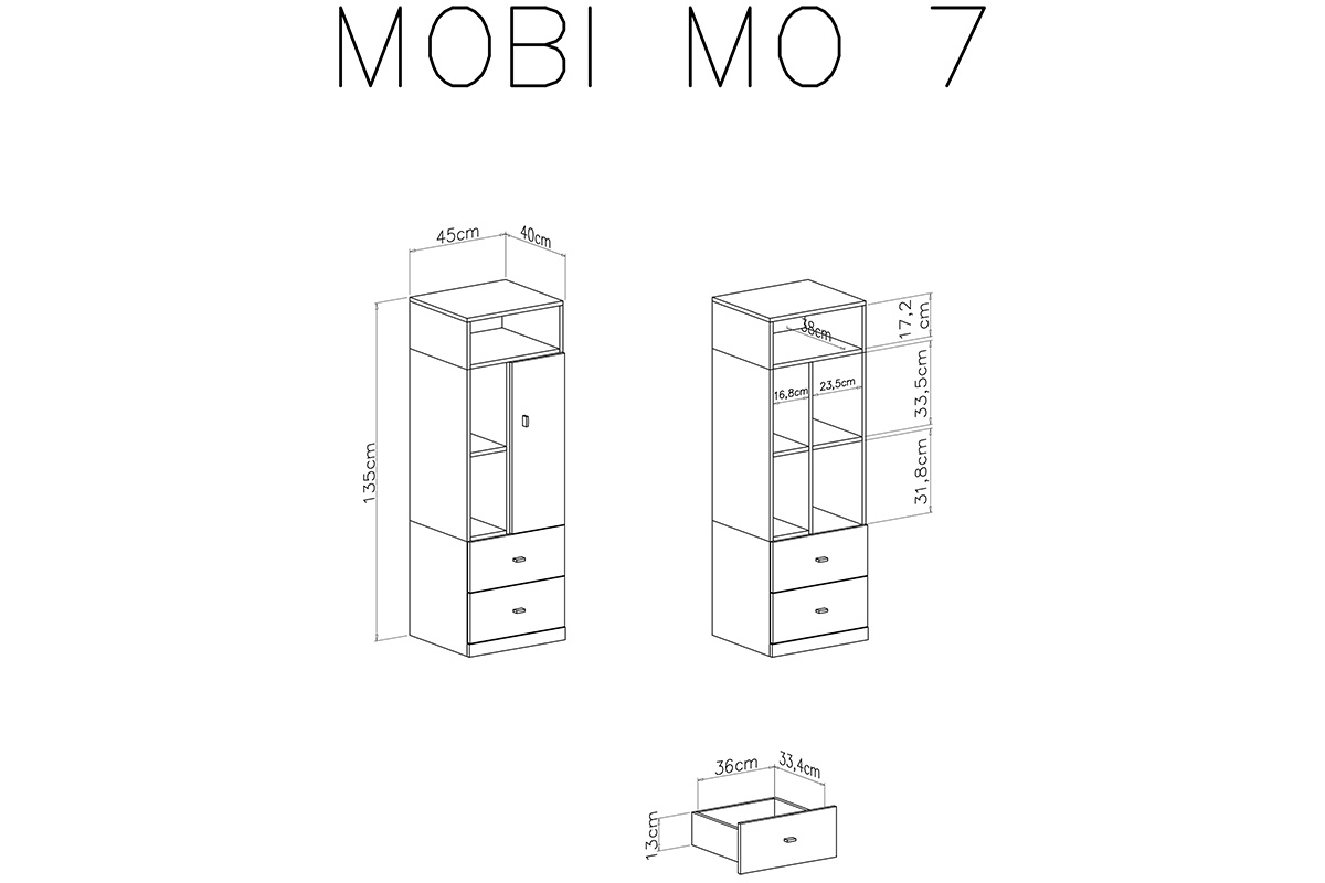 Regál jednodveřový se třemi  výklenky a dvěma zásuvkami Mobi MO7 - Bílý / žlutý wnetrze regalu mobi 7