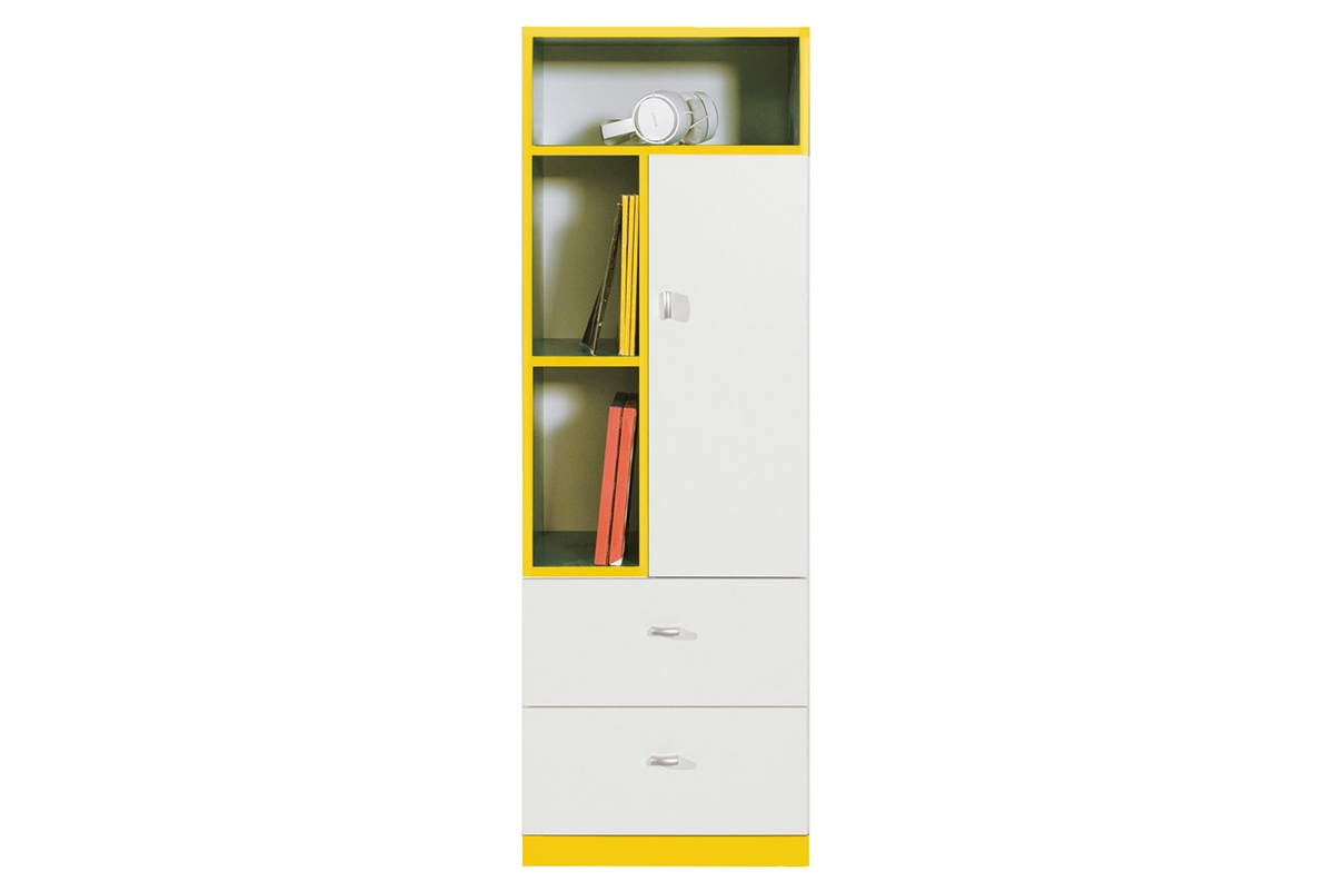 Mobi MO7 egyajtós szekrény három polccal és két fiókkal - Fehér / sárga Regál mobi 7 žlutý