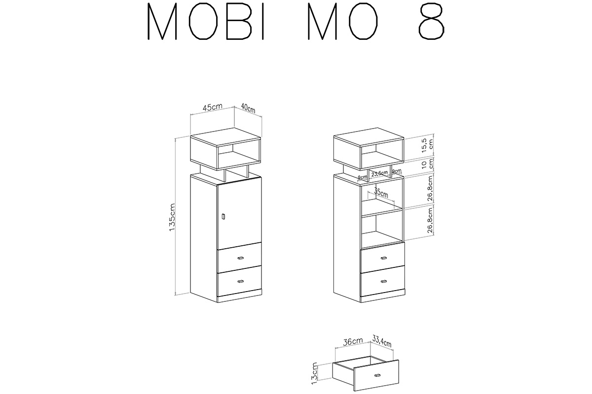 Regál jednodveřový s výklenkem a dvěma zásuvkami Mobi MO8 L/P - Bílý / žlutý wnetrze mobi 8