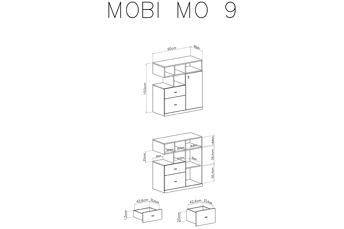 Comoda jednodveřová se čtyřmi výklenky a dvěma zásuvkami Mobi MO9 - Alb / žlutý wnetrze Komody mobi 9 