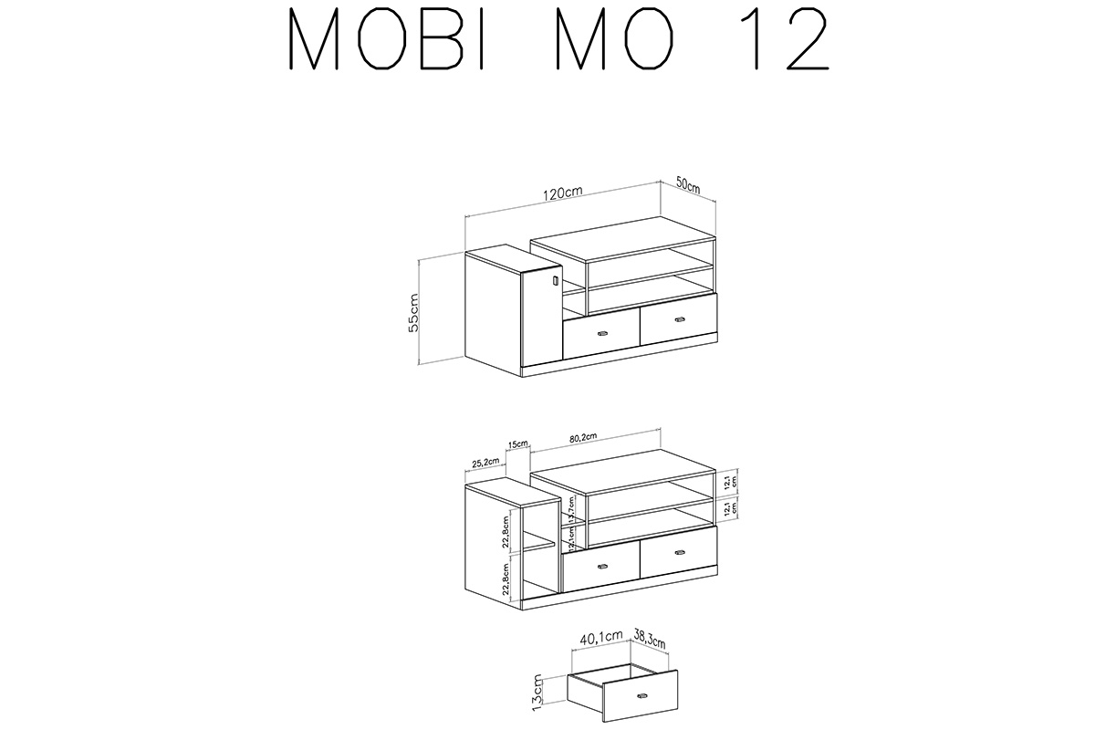 Skříňka RTV Mobi MO12 - Alb / žlutý wnetrze Skříňky rtv mobi