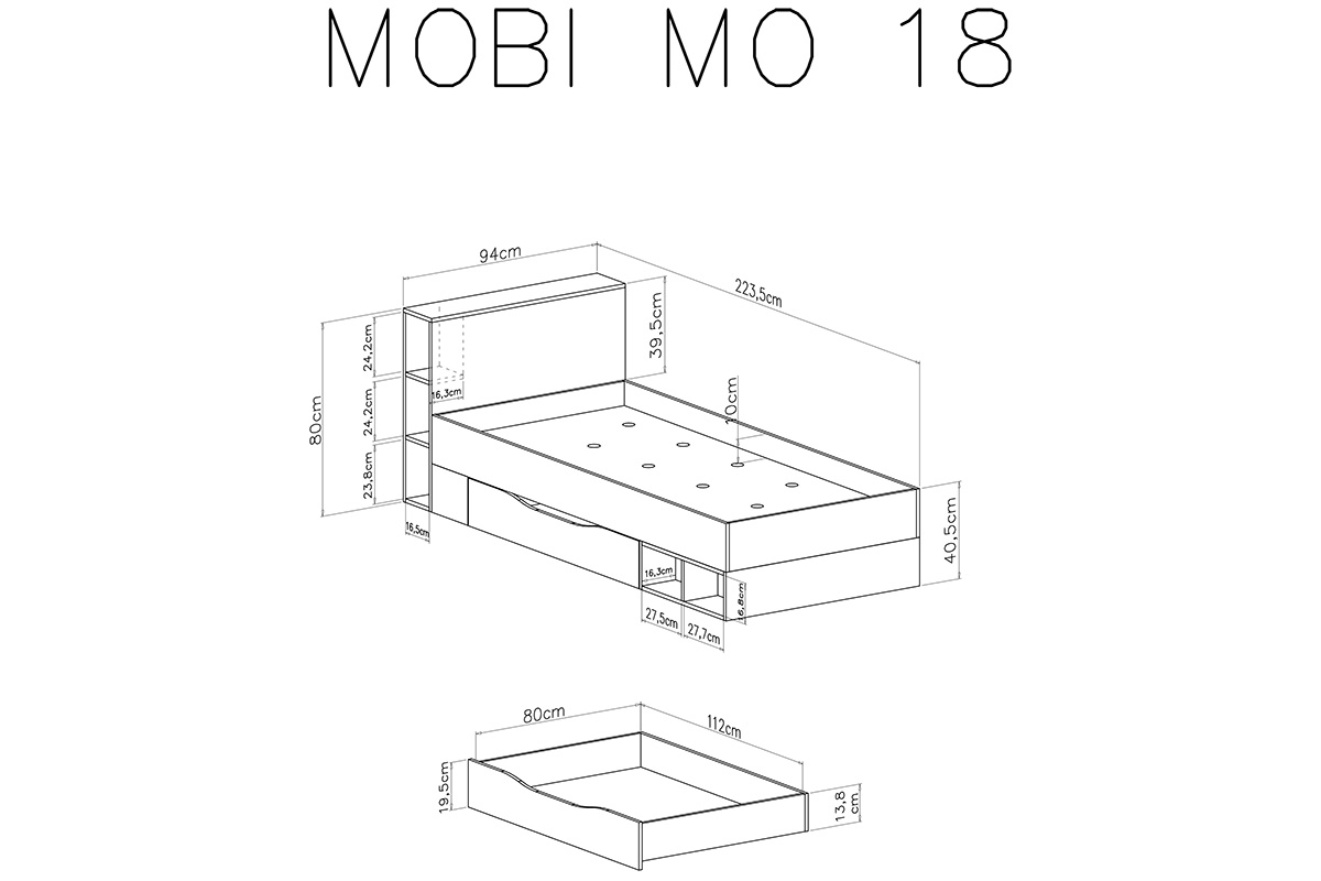 Mládežnická postel 90x200 Mobi MO18 - Alb / žlutý Dětská postel MO18 Mobi - Alb / žlutý - schemat