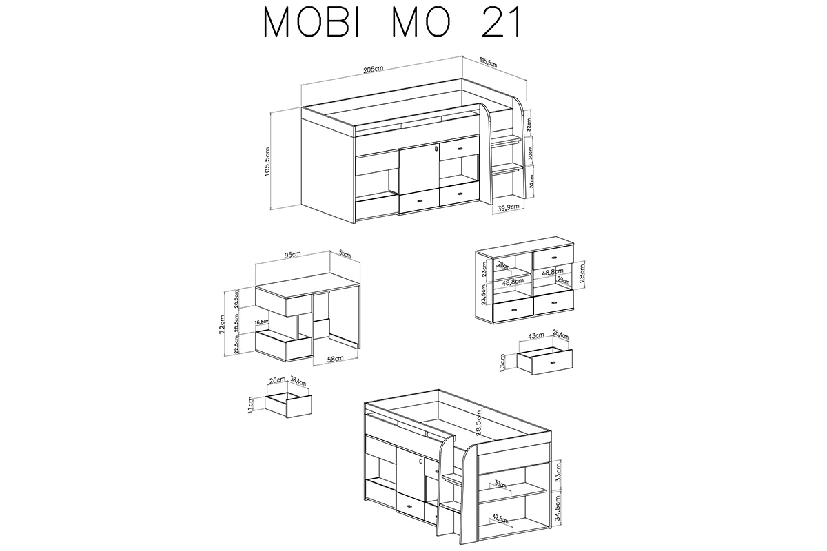Posteľ poschodová 90x200 s písacím stolom a skriňkami Mobi MO21 - Biely / zlaté Posteľ poschodová 90x200 s písacím stolom a skriňkami Mobi MO21 - Biely / zlaté - schemat