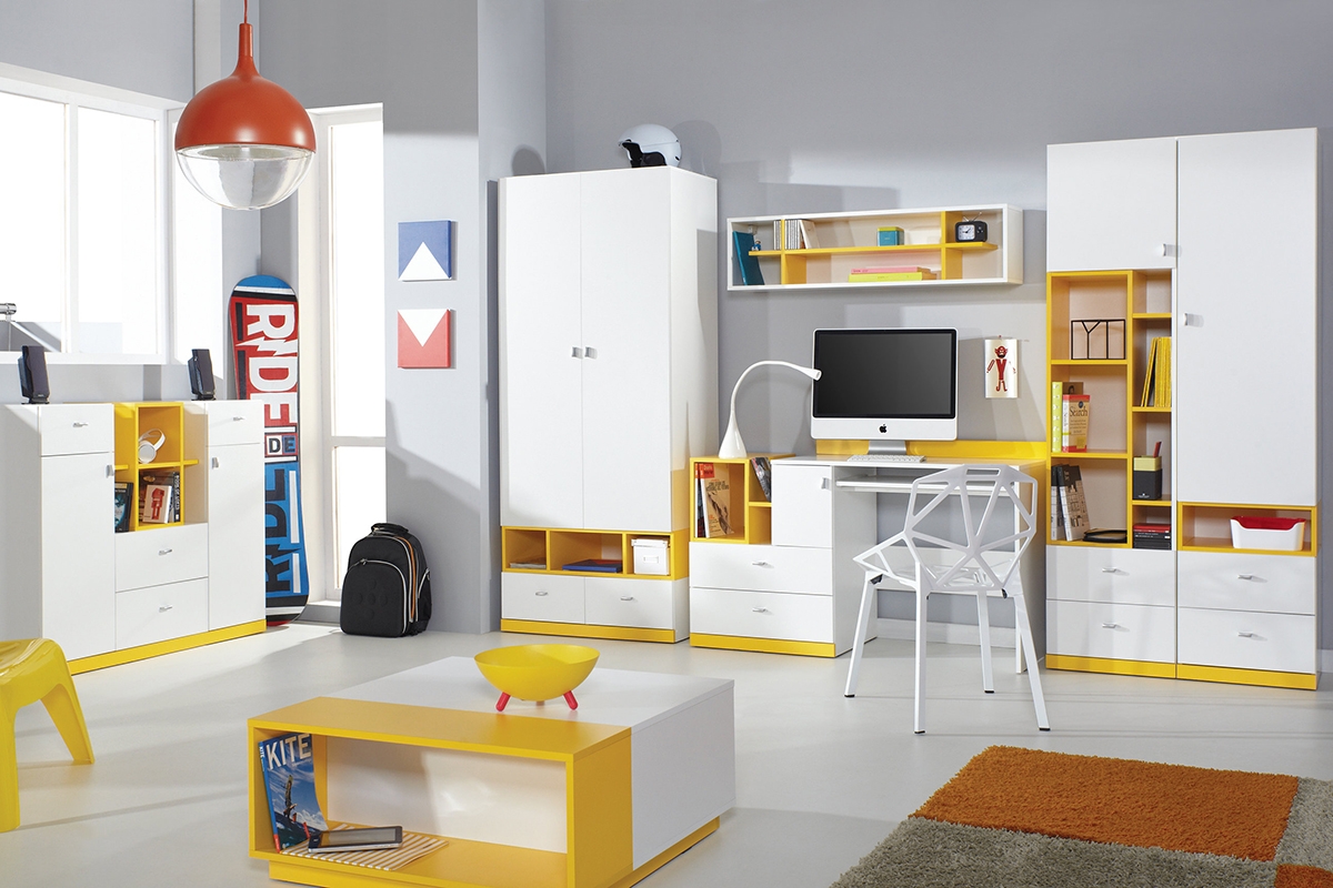 Mobi MO21 emeletes ágy 90x200 cm íróasztallal és szekrényekkel - Fehér / sárga kolekce Mobi