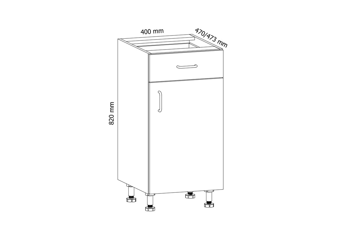 Aspen Bílý lesk D40S1 - Skříňka spodní se zásuvkou Skříňka kuchyňská z jedna szuflada Aspen D40S1 - Rozměry