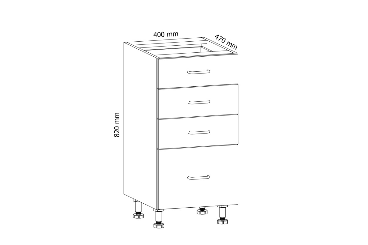 Aspen Bílý lesk D40S4 - Skříňka spodní se čtyřmi zásuvkami Skříňka kuchyňská se čtyřmi zásuvkami Aspen D40S4 - Rozměry