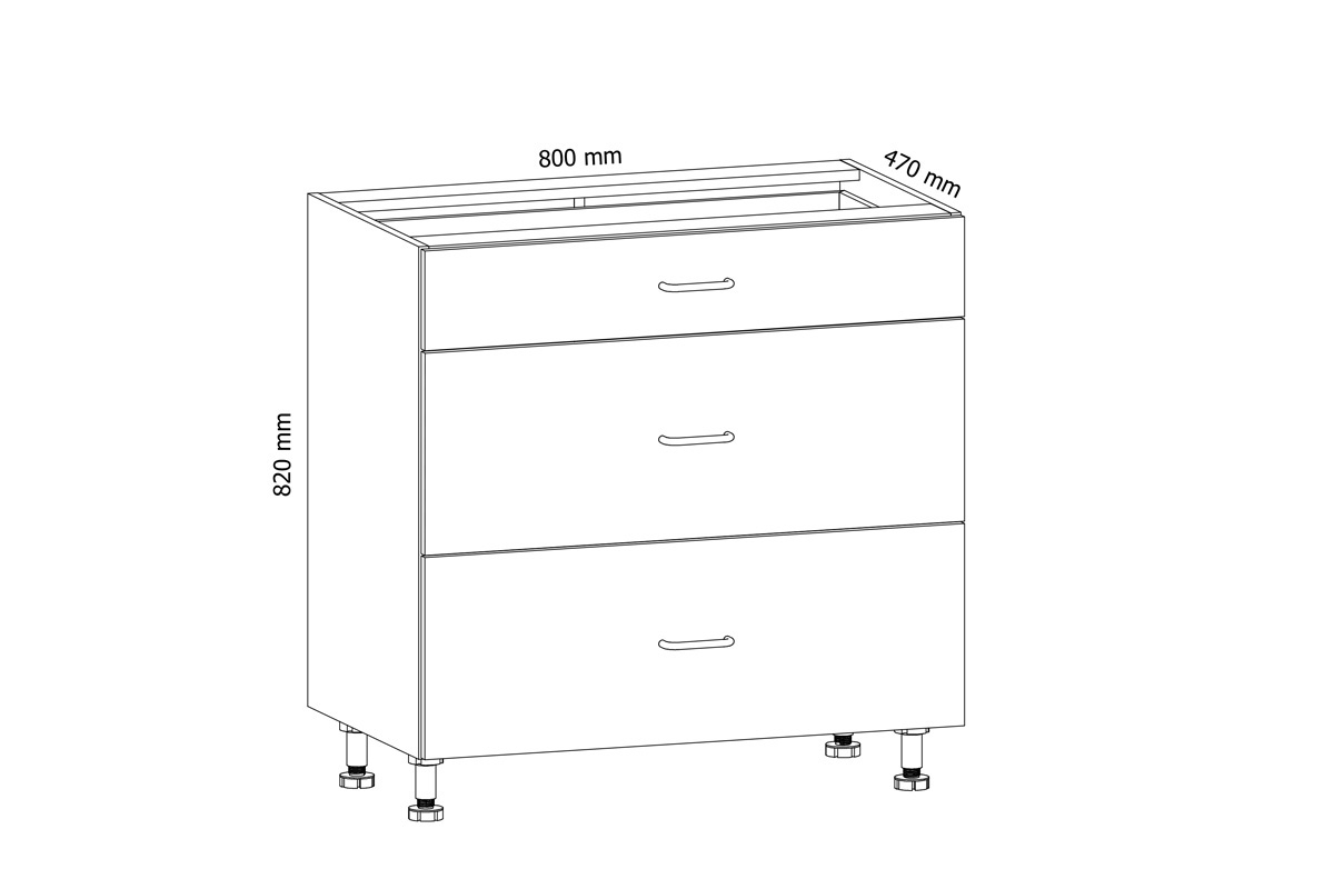 Aspen Bílý lesk D80S3 - Skříňka spodní se třemi zásuvkami Skříňka kuchyňská se třemi  zásuvkami Aspen D80S3 - Rozměry