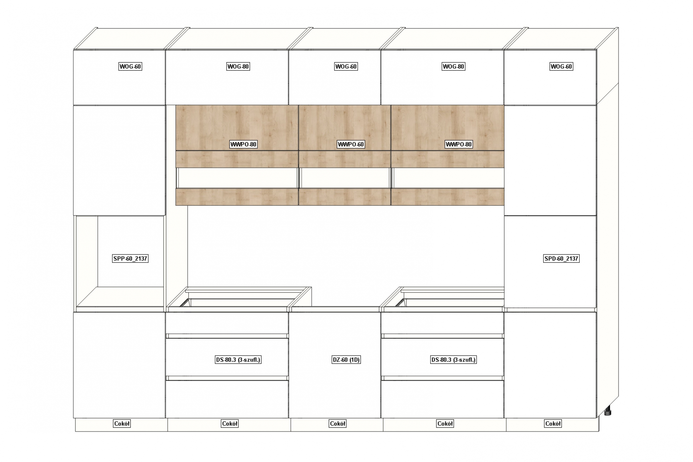 Komplet nábytku kuchennych Campari 340cm - Bílý lesk / buk artisan Komplet nábytku kuchennych Campari 340cm - wyszczegolnienie bryl 