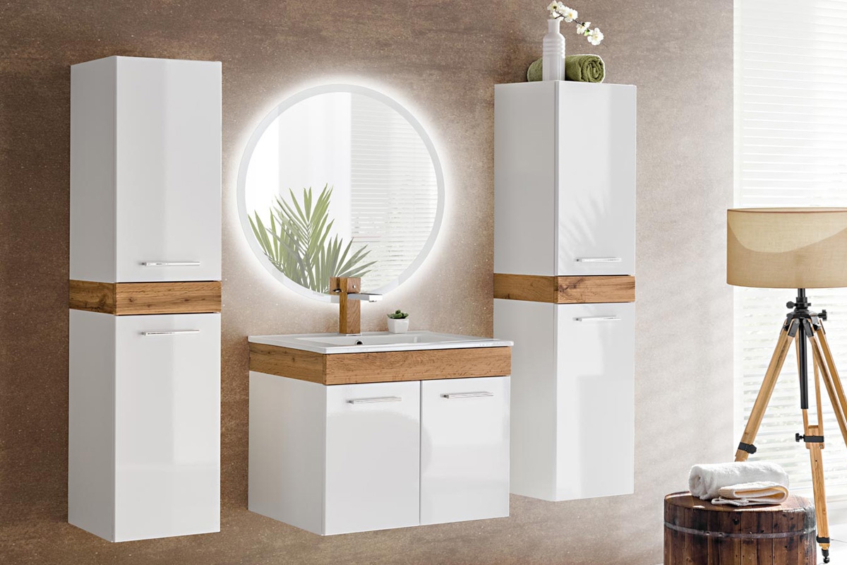 Zrcadlo LED VENUS 60 Nábytek v bílém lesku s dubovou vložkou