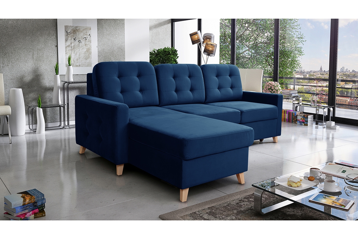 Canapea de colț cu funcție de dormit Vanisa Mini Tmavě modrá Rohová sedací souprava do obývacího pokoje 