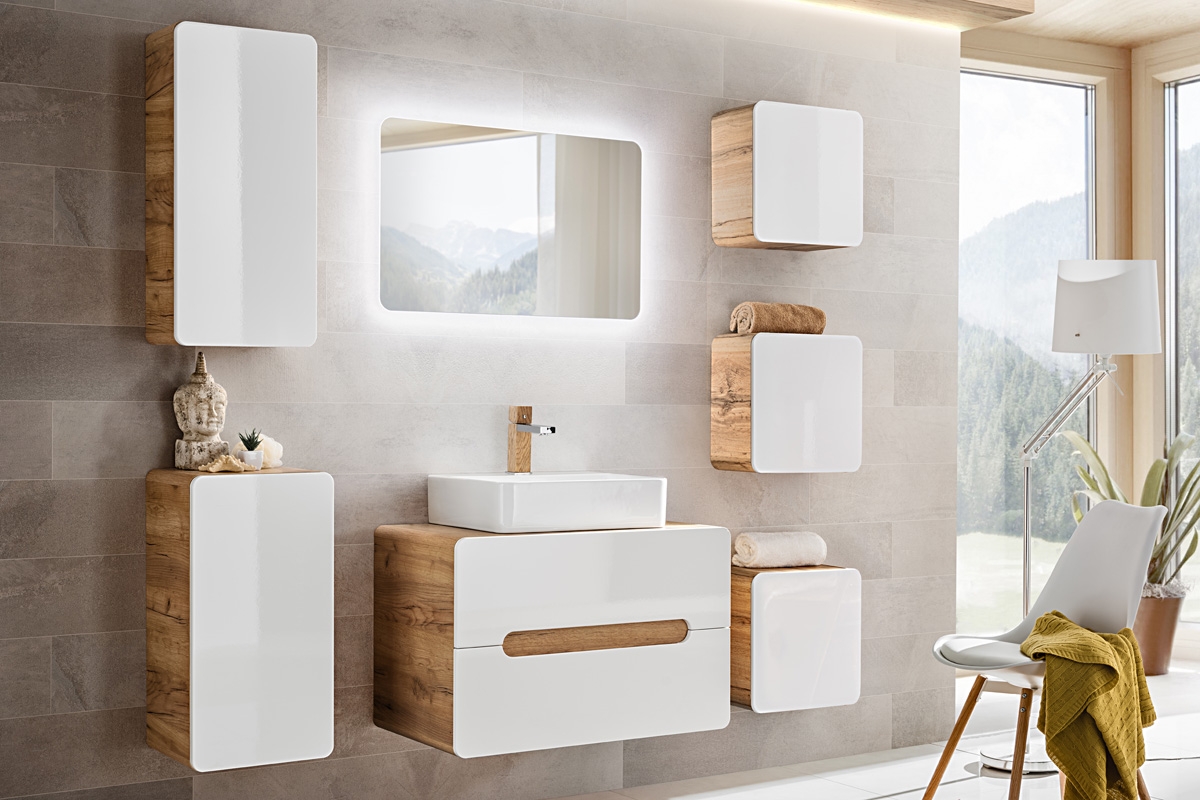 Závěsná koupelnová skříňka Aruba 830 - 35 cm - bílý lesk / dub zlatý Nábytek lazienkowe biale w polysku 