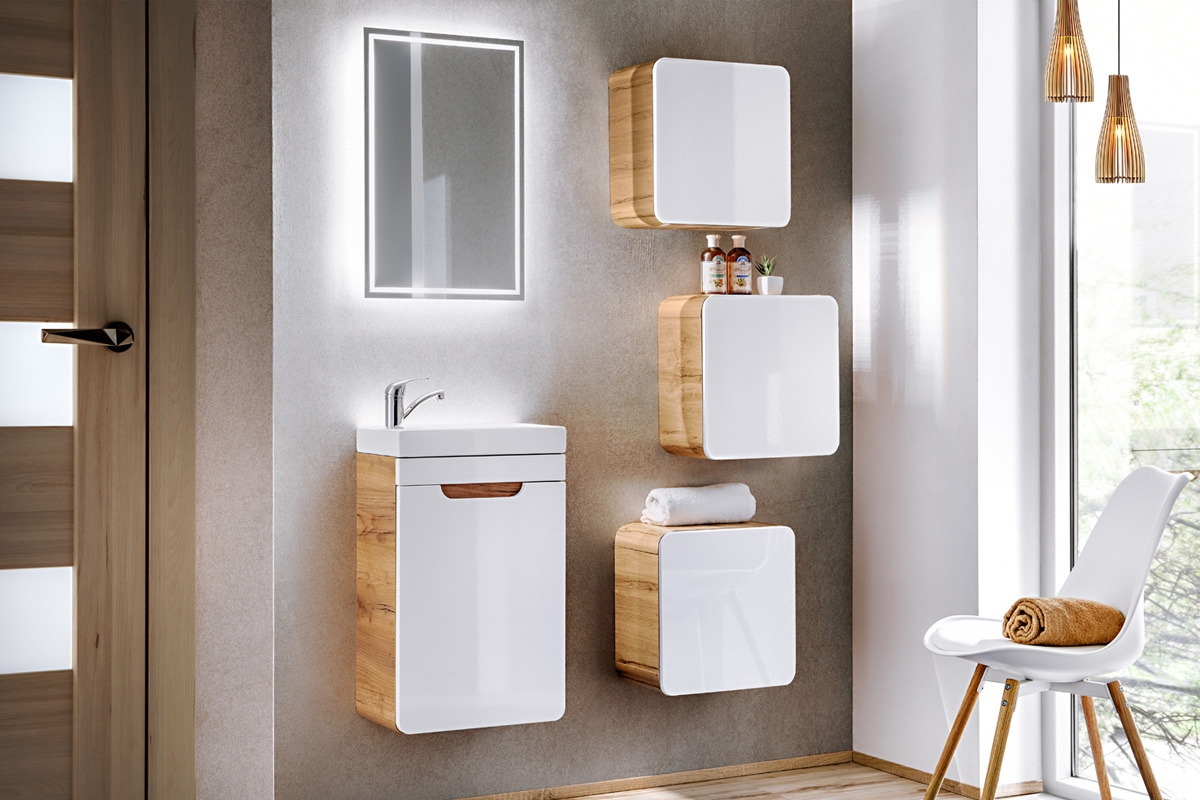 Závěsná koupelnová skříňka Aruba 35 cm - bílý lesk / dub craft Nábytek lazienkowe comad 
