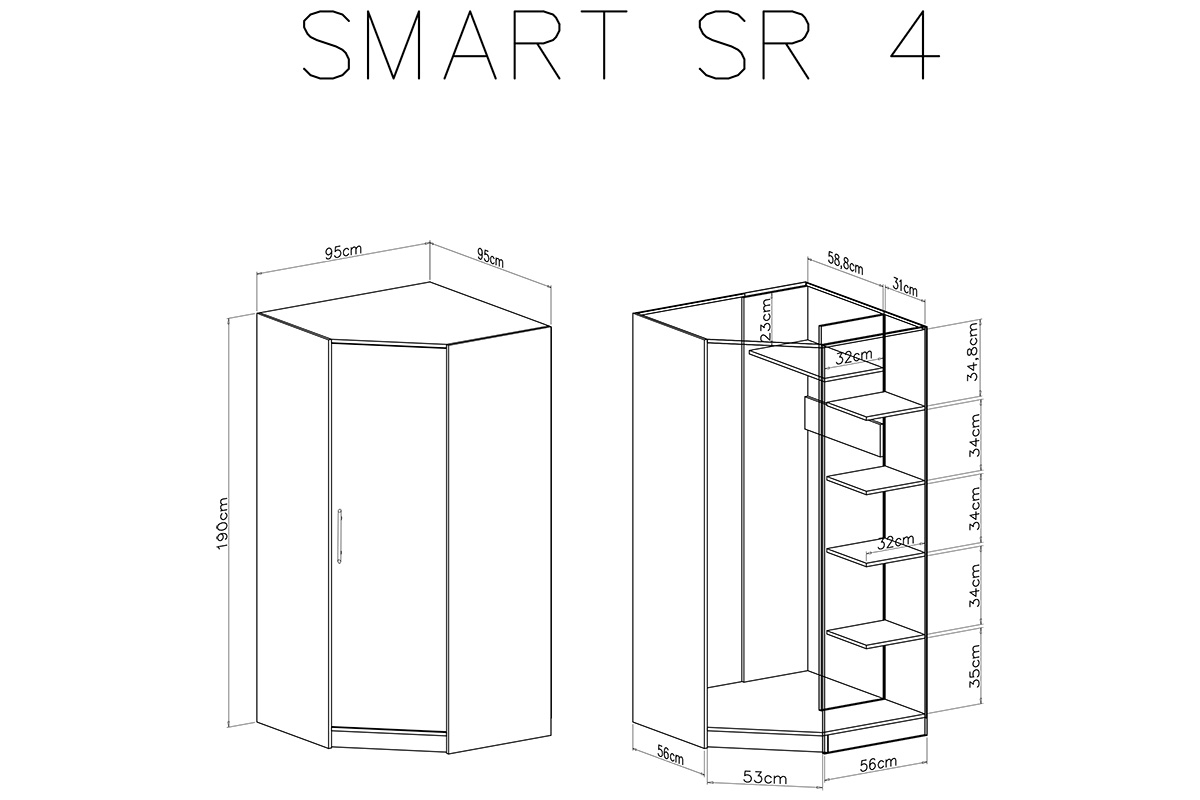 Dulap de colț SR4 Smart Dulap de colț Smart SR4 cu o ușă - Alb lux / Stejar sonoma - schemă