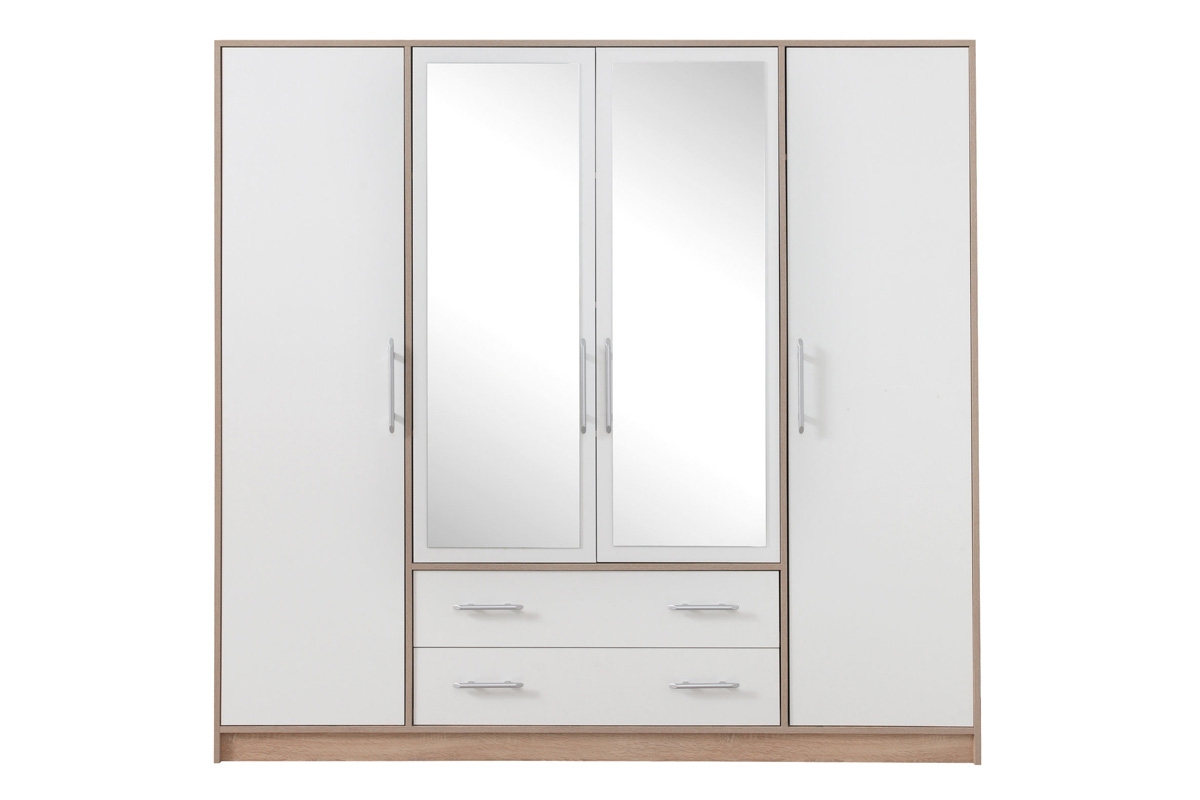 Skříň čtyřdveřová se dvěma zásuvkami a zrcadlem Smart SRL1 - Bílý lux / Dub sonoma velká Bílá Skříň