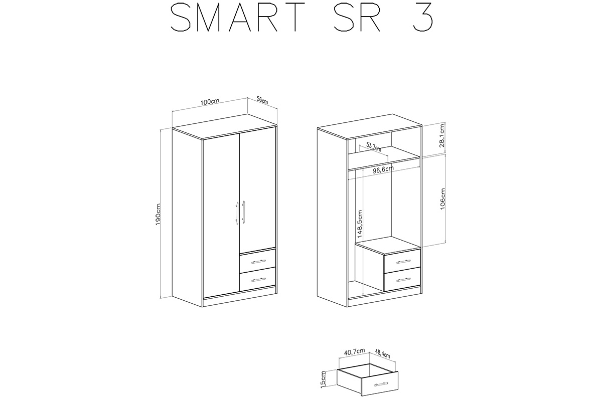 Smart SRL3 kétajtós ruhásszekrény két fiokkal, tükörrel Smart SR3 kétajtós ruhásszekrény két fiokkal - méretek