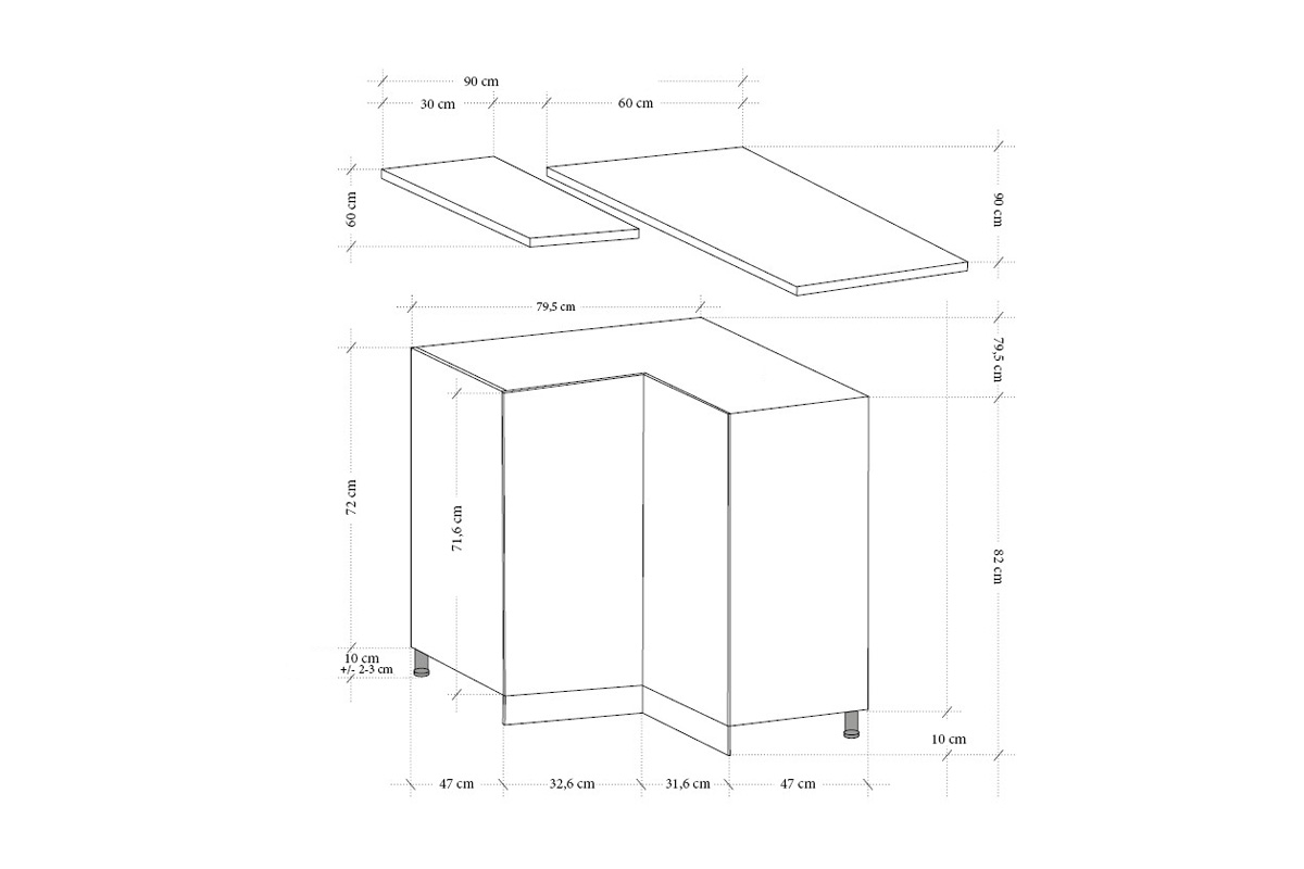 Linea D90N - Skříňka dolní rohová Skříňka kuchyňská rohová Linea D90N - Rozměry