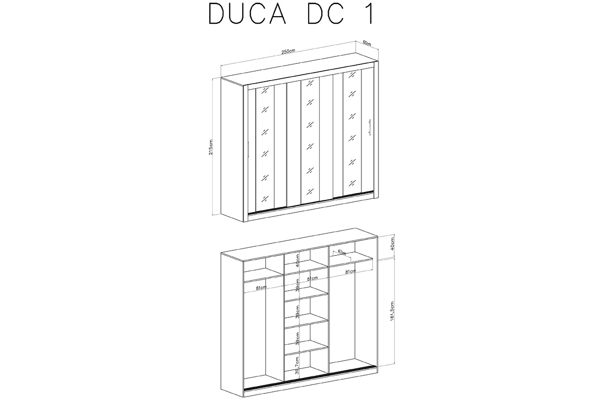 Skříň Duca I 250 Bílý Skříň s posuvnými dveřmi třídveřová z zrcadly Duca I 250 - Bílý - Barva Bílá lux - schemat