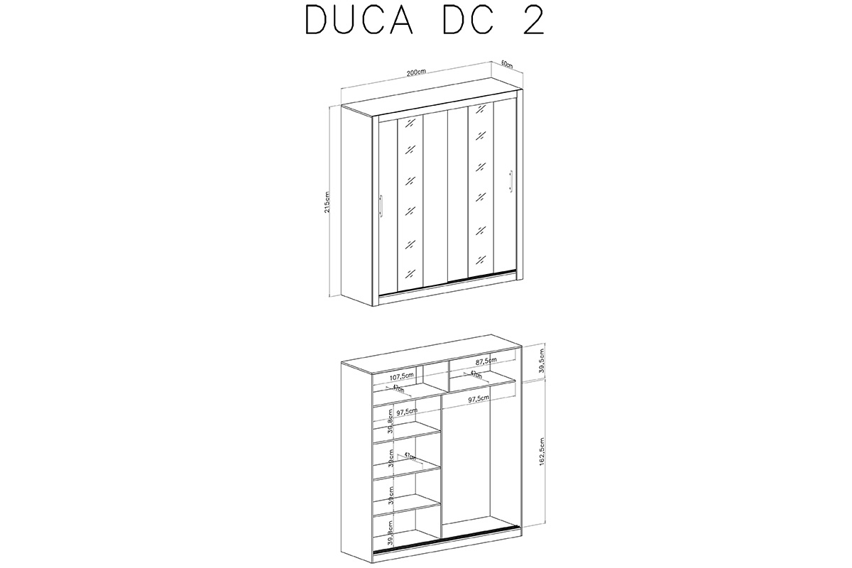 Skříň Duca II 200 Bílý Skříň s posuvnými dveřmi dvoudveřová z zrcadly Duca II 200 - Bílý - schemat