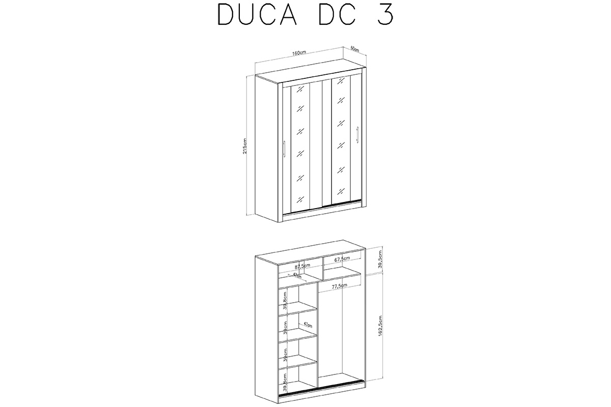 Skříň Duca III 160 Bílý Skříň s posuvnými dveřmi dvoudveřová z zrcadly Duca III 160 - Bílý - schemat