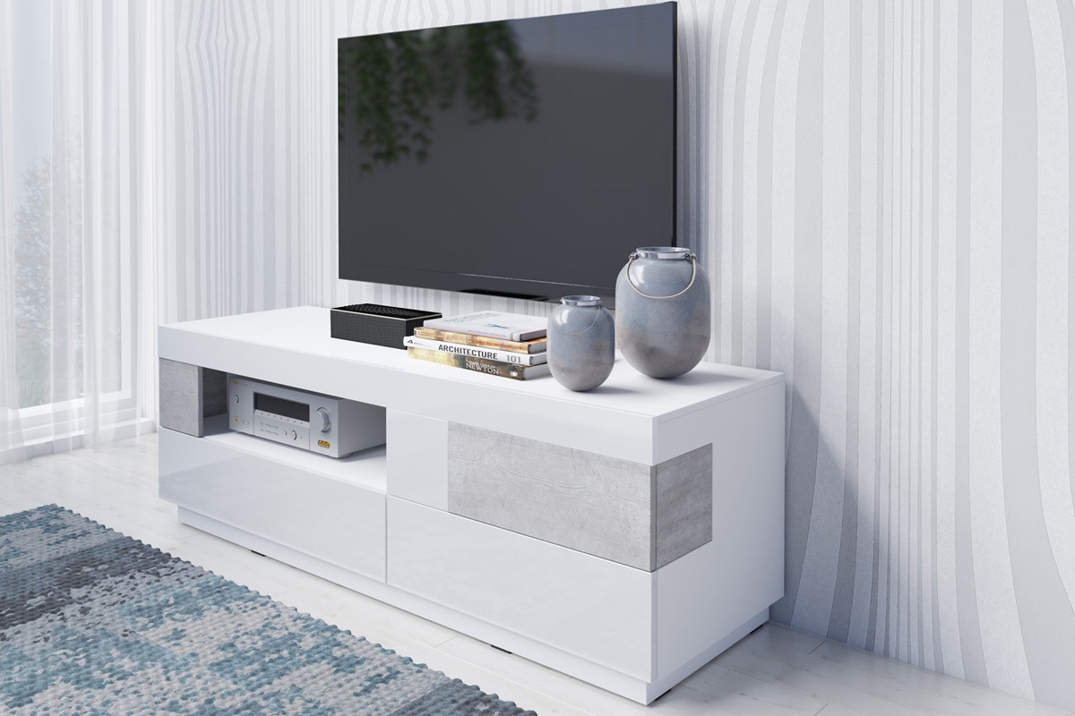 TV skříňka z szafka uchylna i dwiema zásuvkami Silke 41 - Bílý lesk / colorado beton skříňka s výklenkem