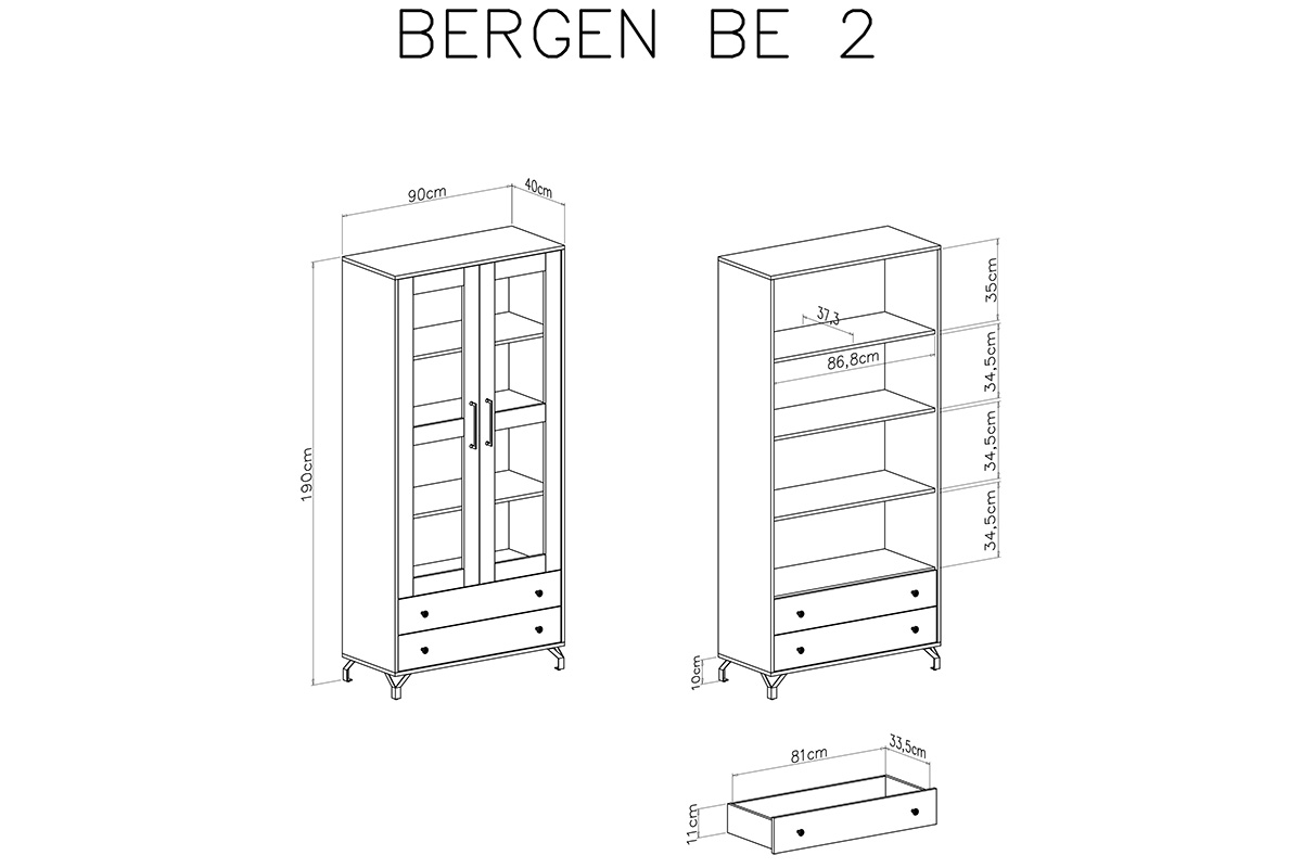 Vitrină Bergen 02, 90 cm din sticlă cu două sertare  - Alb Bílá prosklená Vitrína