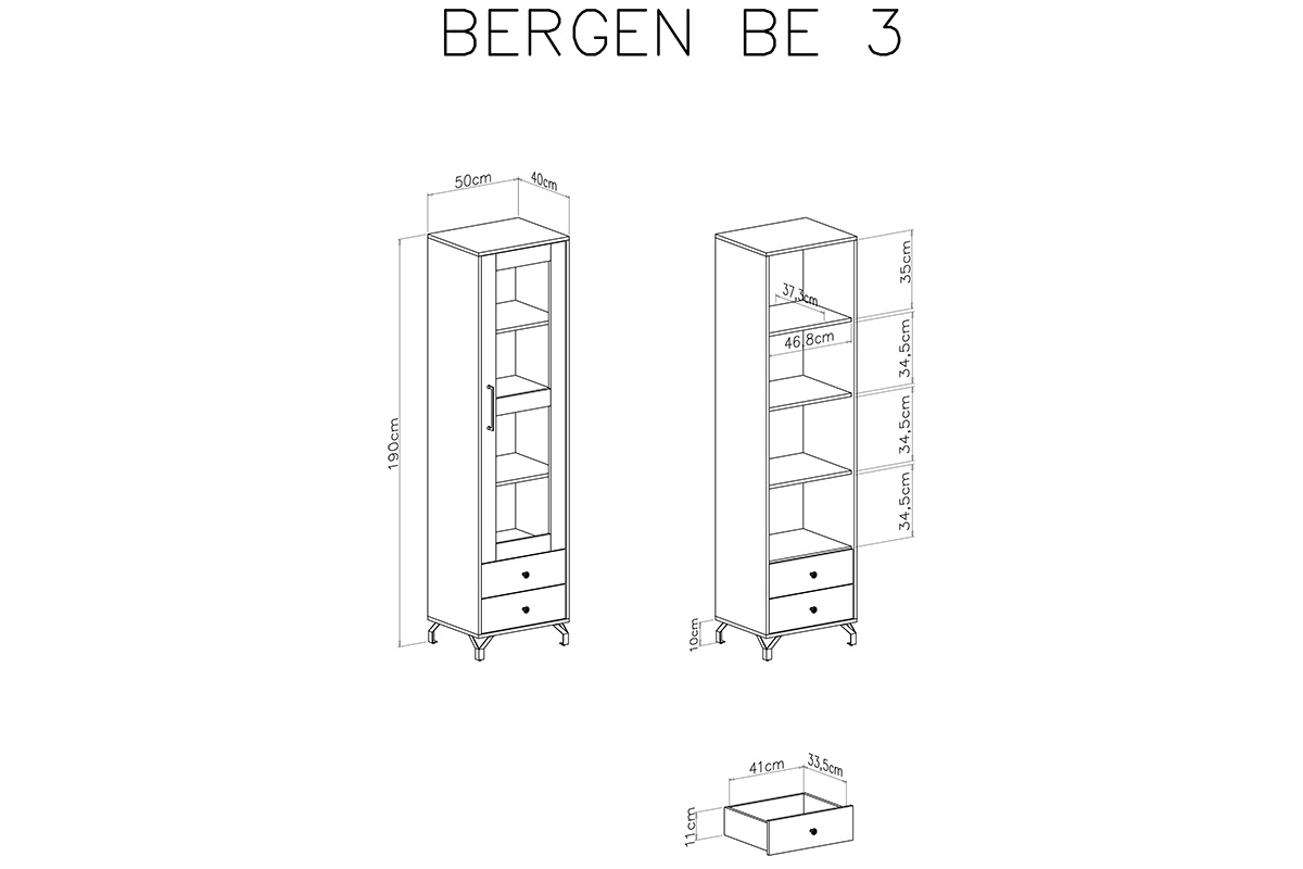 Vitrină Bergen 03, 50 cm din sticlă cu două sertare - Alb Bílá Vitrína s zásuvkami