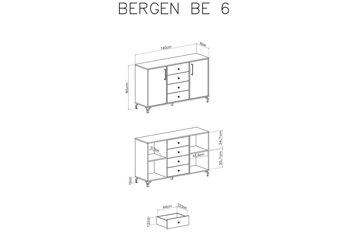 Comodă Bergen 06, 140 cm cu două uși și patru sertare - Alb Bílá dvoudveřová Comoda