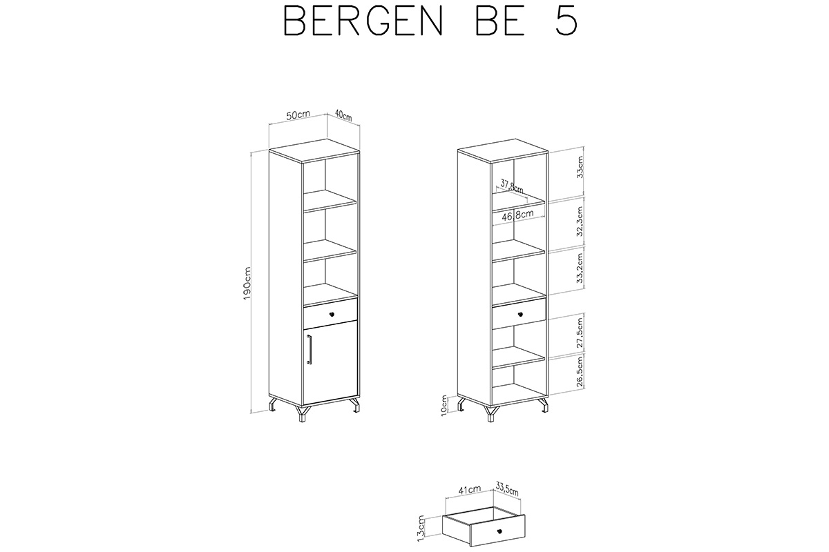 Bergen 05 Polc szekrénnyel és fiókkal - fehér vysoký Regál se zásuvkou a skříňkou