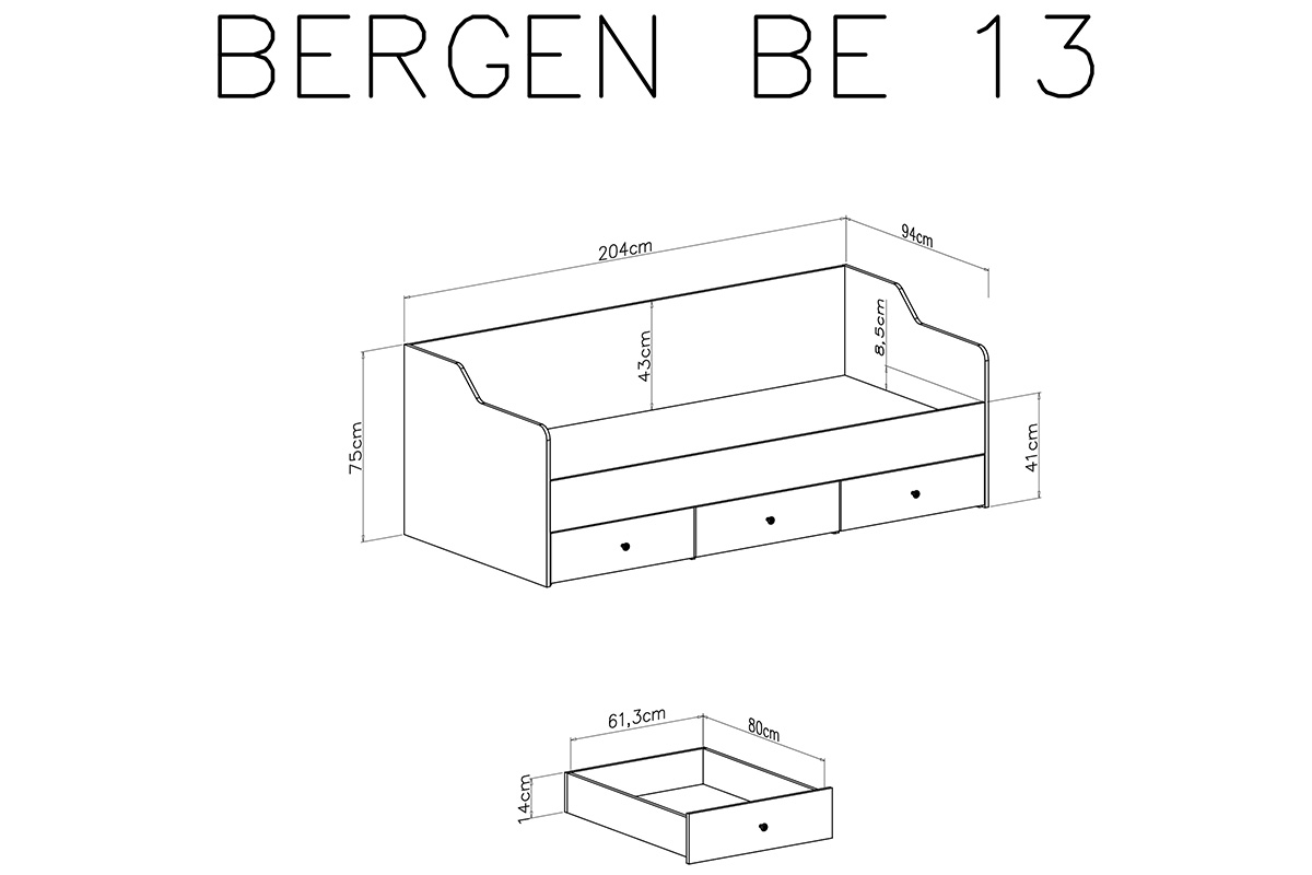 Detská posteľ Bergen 13 s 3 zásuvkami - 90x200 cm - biela Posteľ študentský  90x200 Bergen 13 - Biely