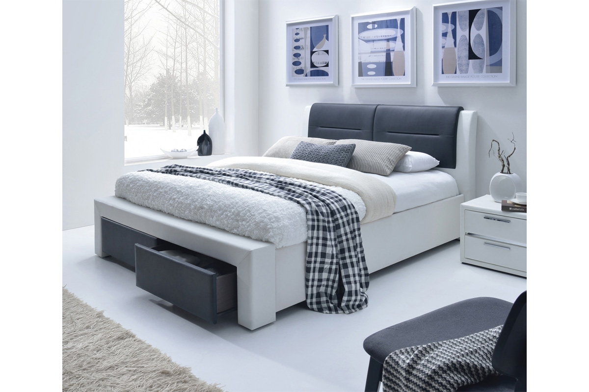 Cassandra S sárpitozott ágy fiókokkal - 140X200 cm - fehér / fekete postel čalouněná Halmar