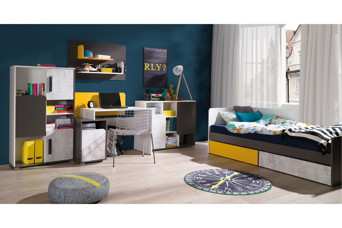Komplet nábytku mládežnického Travel Bílý/Grafitový/Enigma/žlutý Komplet nábytku a postelí a psacím Stůlem
