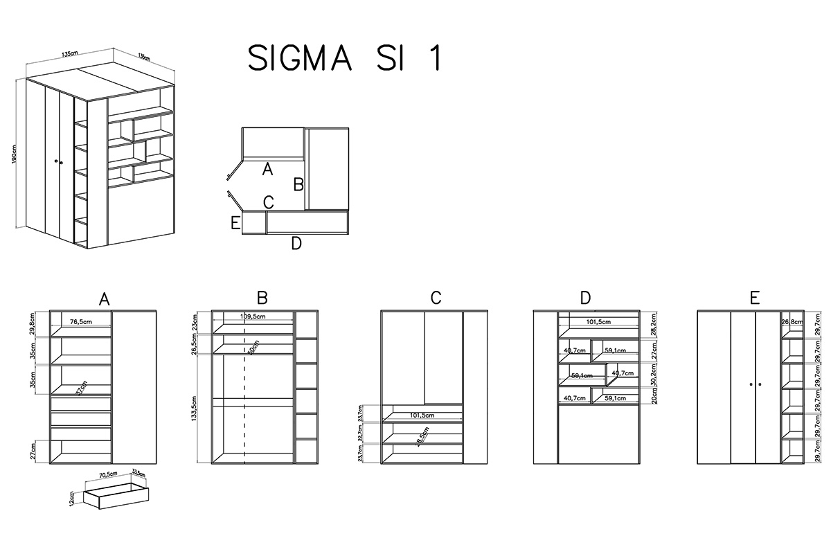 Sigma SI1 B/J sarokszekrény - lux fehér / beton szürke / tölgyfa barna Skříň rohová Sigma SI1 L/P - Bílý lux / beton / Dub - schemat