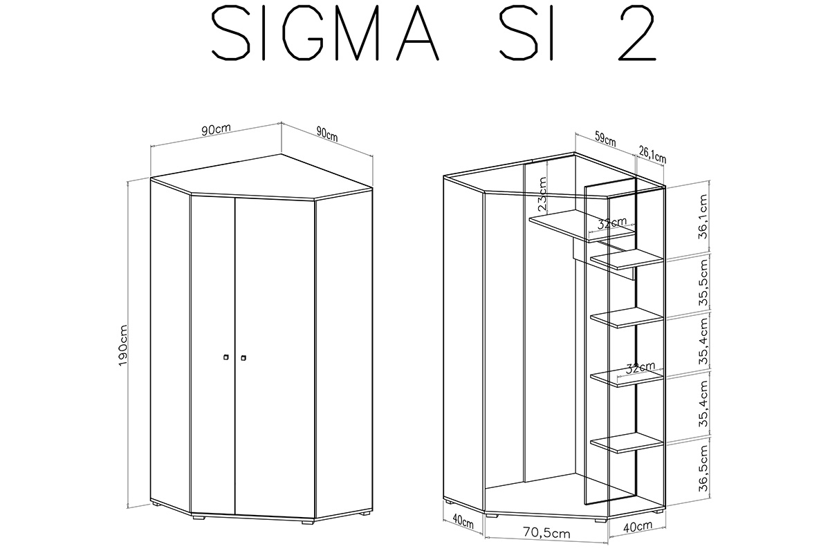 Dulap de colț Sigma SI2 L/P , 90 cm - Alb lux / beton / Dub Skříň rohová Sigma SI2 L/P - Alb lux / beton / Dub - schemat