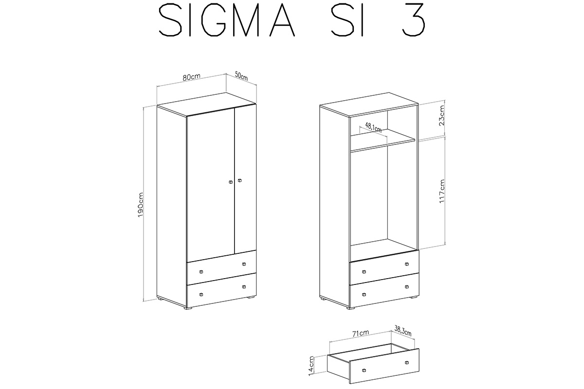 Sigma SI3 B/J szekrény - lux fehér / beton szürke Skříň Sigma SI3 L/P - Bílý lux / beton - schemat