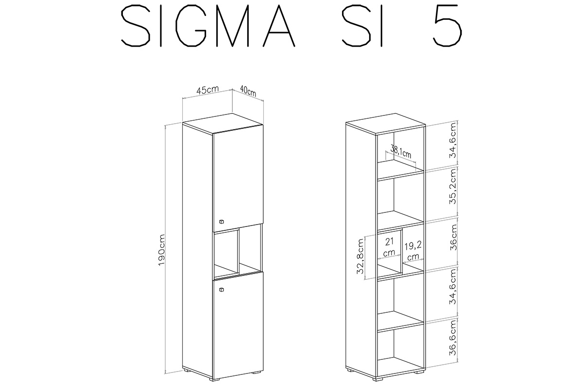 Sigma SI5 B/J polc - lux fehér / beton szürke / tölgyfa barna Regál Sigma SI5 L/P - Bílý lux / beton / Dub - schemat