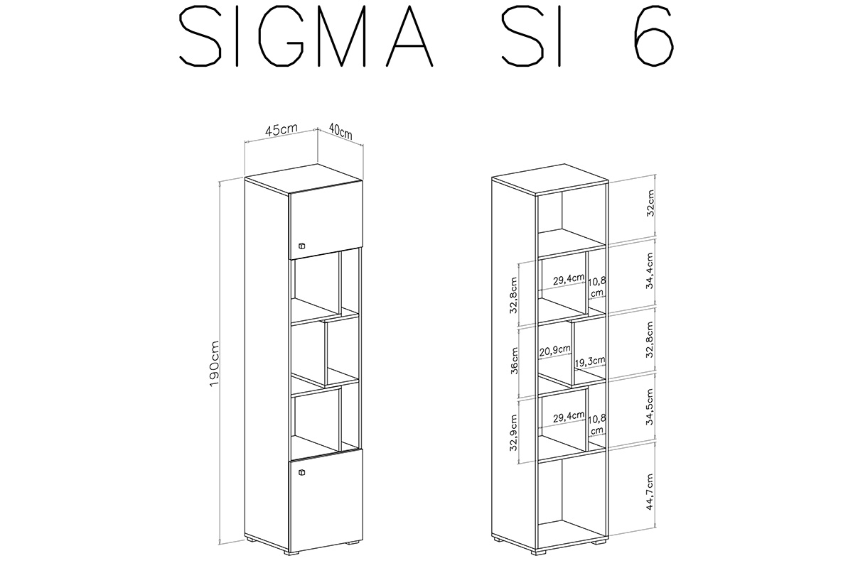 Regál dvojdverový s priehlbňami Sigma SI6 L/P do izby mlodziezowego - Biely lux / betón / Dub Regál Sigma SI6 L/P - Biely lux / betón / Dub - schemat
